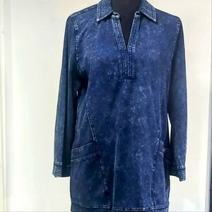 Soft Surroundings Womens Tunic Top Blue Denim Look V Neck Sz PM